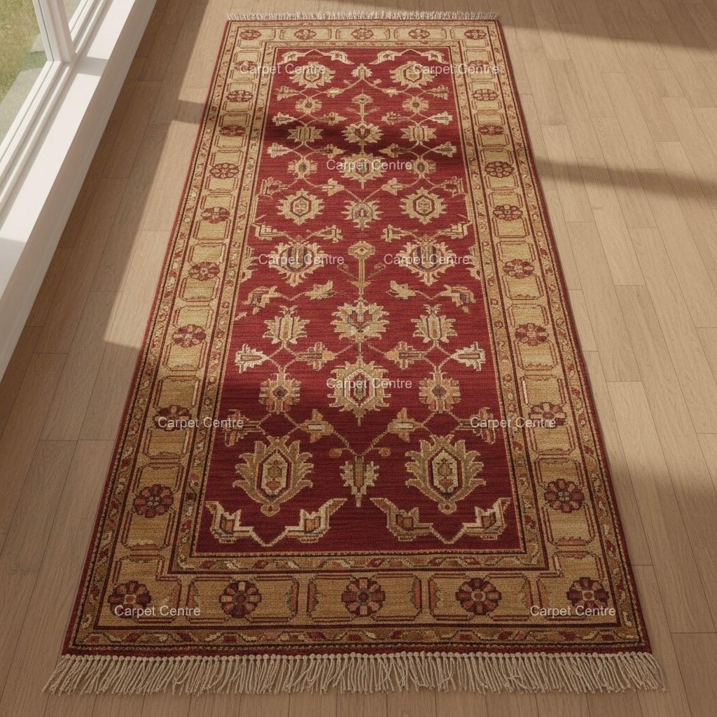 Hand-Knotted Oushak Wool Runner Rug, Wine Red Floral, Custom Size