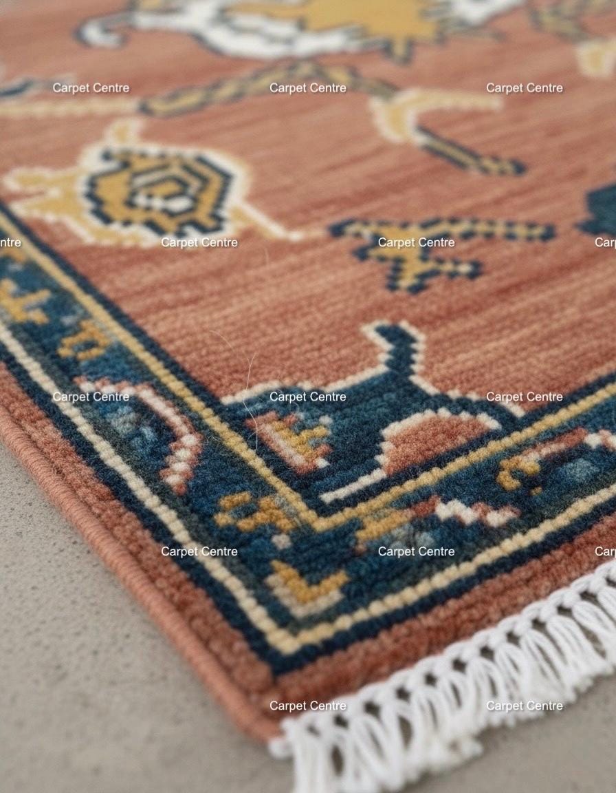 Hand-Knotted Wool Runner Rug, Terracotta Oushak Style, Teal Border