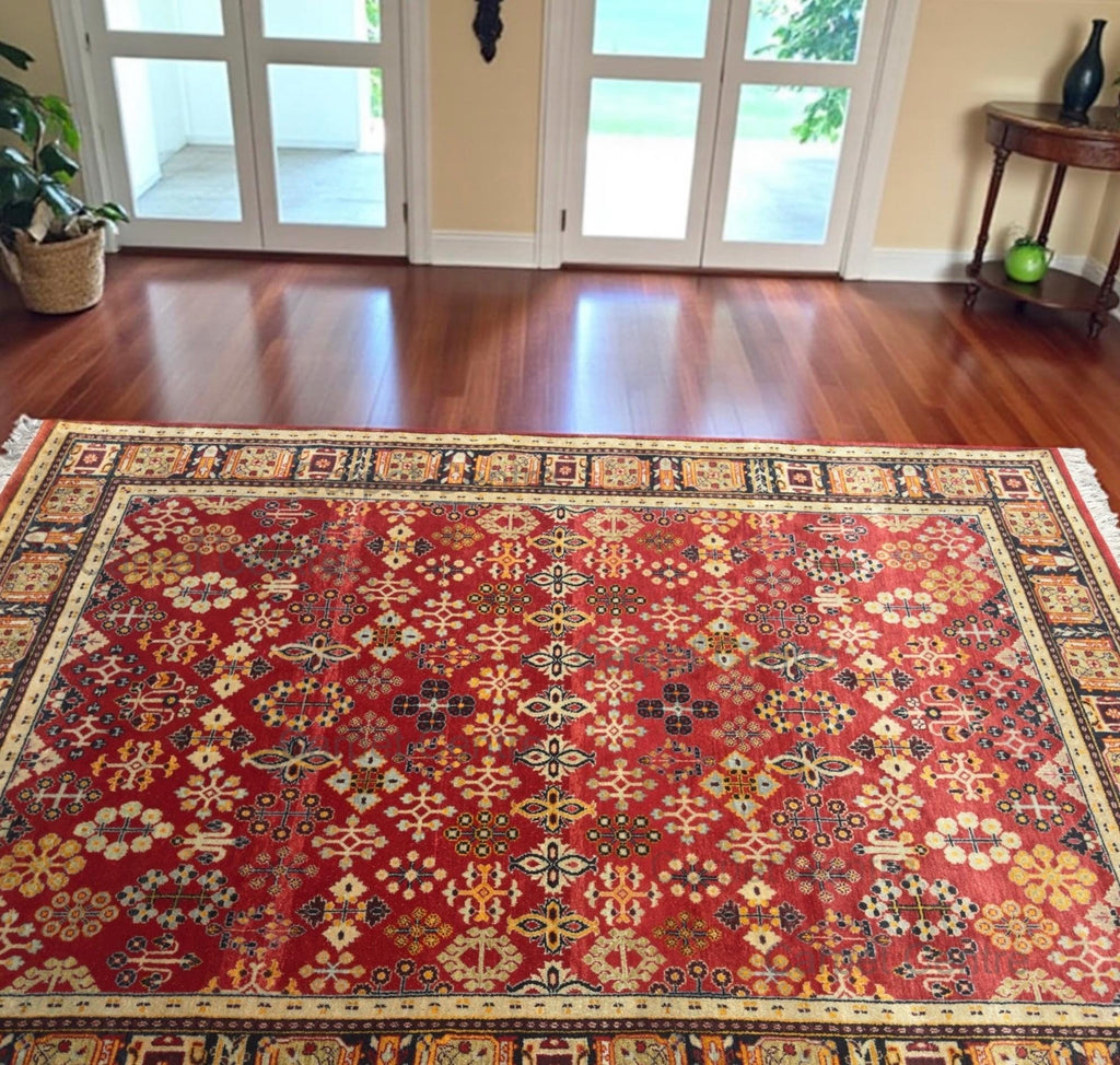 Red New Zealand Wool Rug: Hand-Knotted Geometric 5'7" x 7'10"