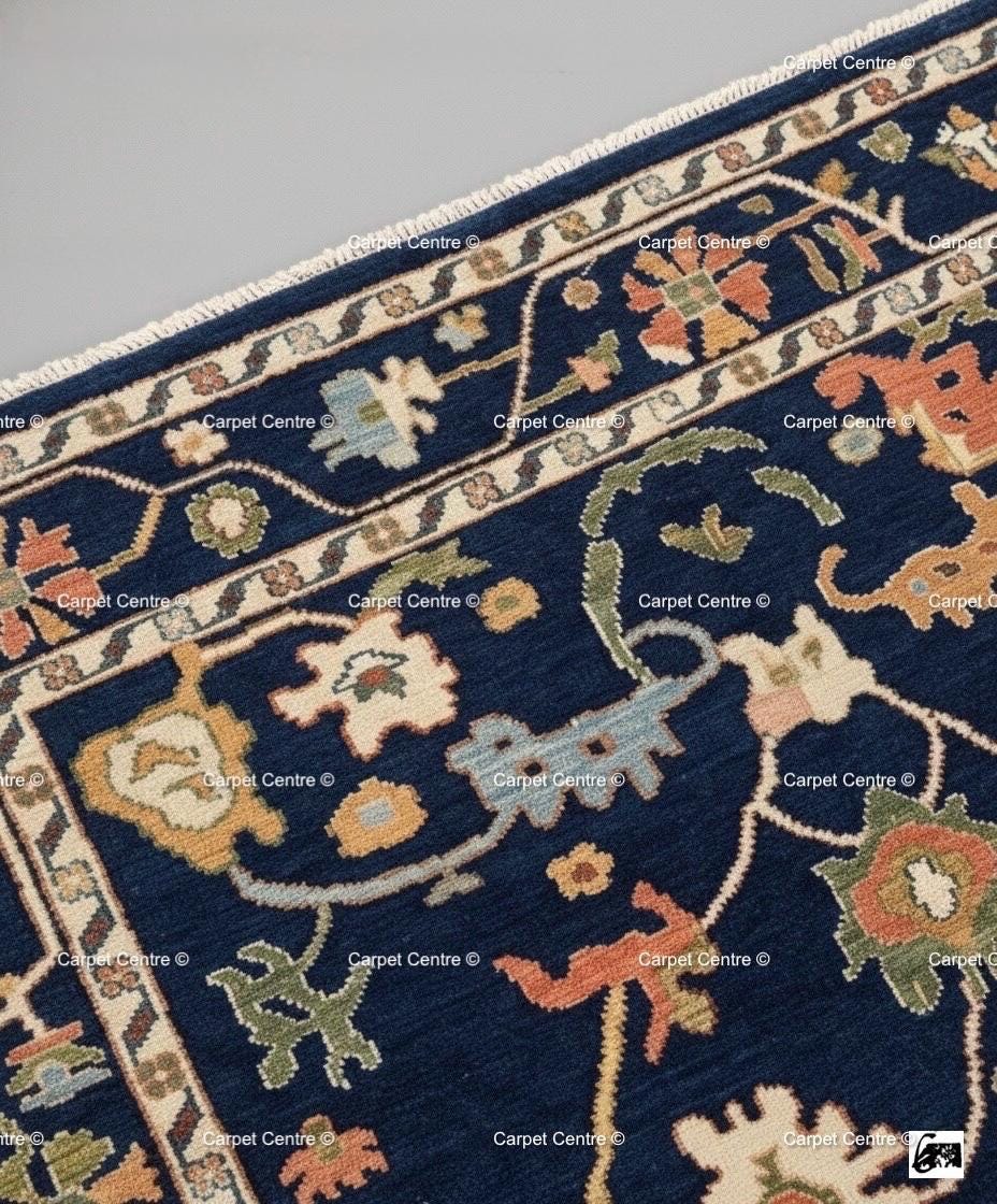 Navy Blue Wool Oushak Rug, Hand-Knotted Turkish Knot, William Morris Style