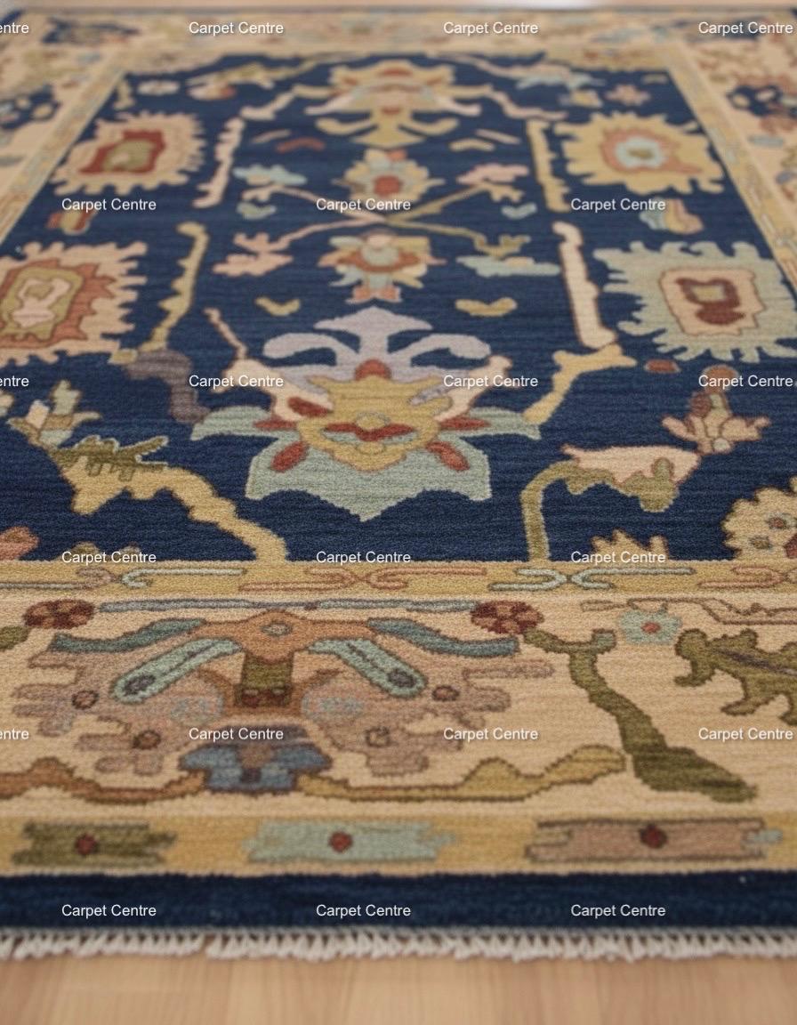 Navy Blue Oushak Wool Rug | Hand-Knotted Medallion Carpet