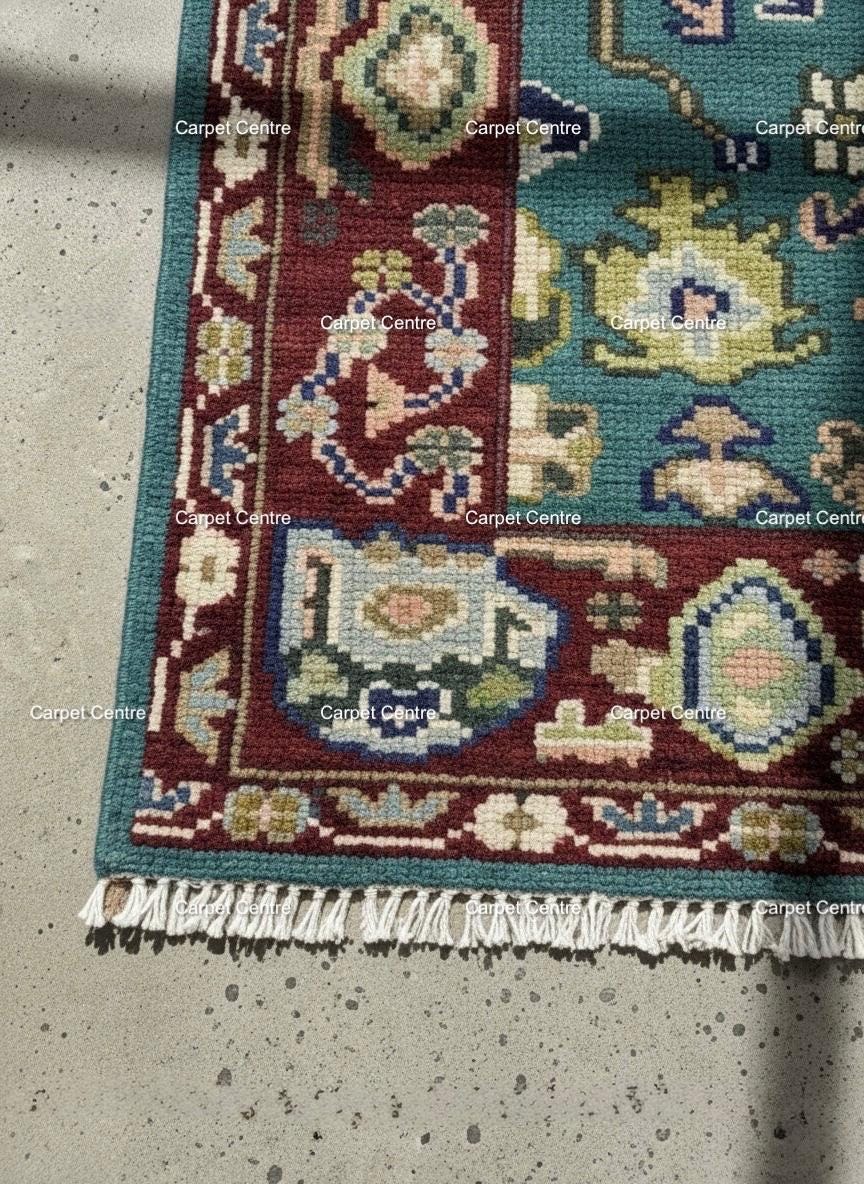 Teal Oushak Rug, Hand-Knotted Wool Area Rug, Red Border