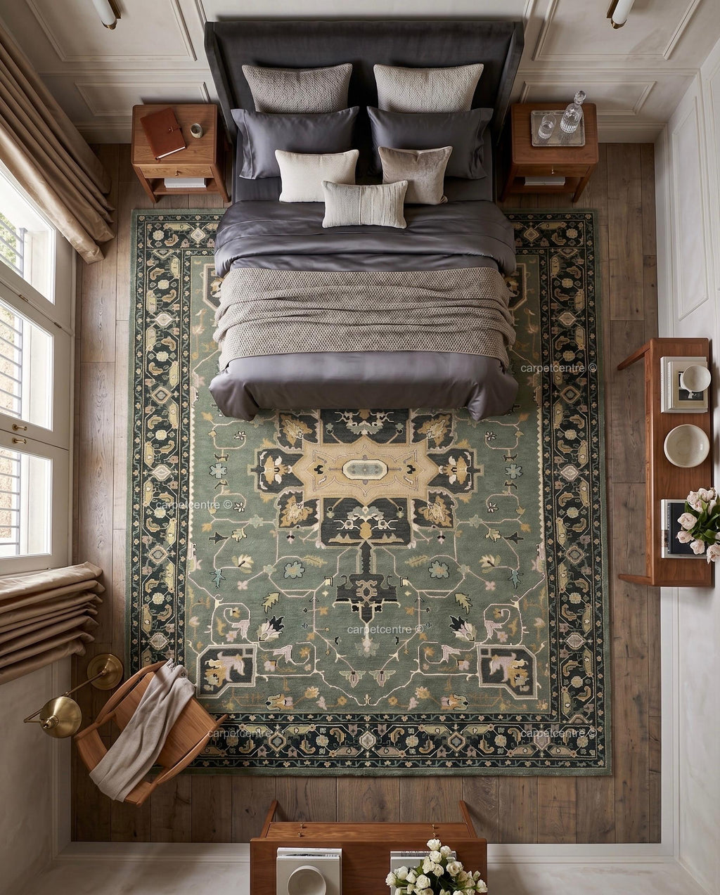 Sage Green Oushak Rug | Hand Knotted Wool Turkish Carpet | Muted Boho Bedroom Rug