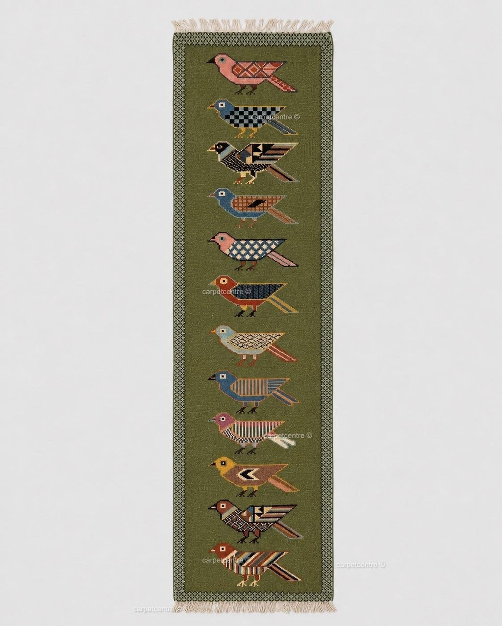 Handmade Wool Folk Art Bird Runner Rug, Green Hallway Carpet, Turkish Knot Artisan Made