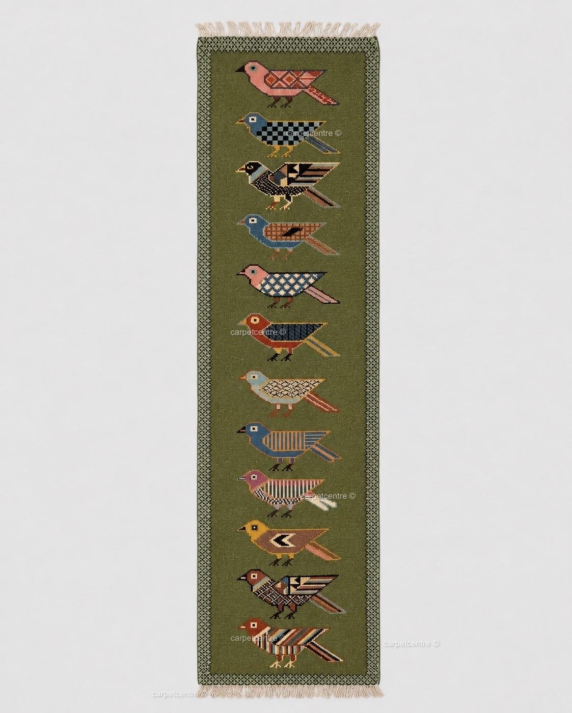 Handmade Wool Folk Art Bird Runner Rug, Green Hallway Carpet, Turkish Knot Artisan Made