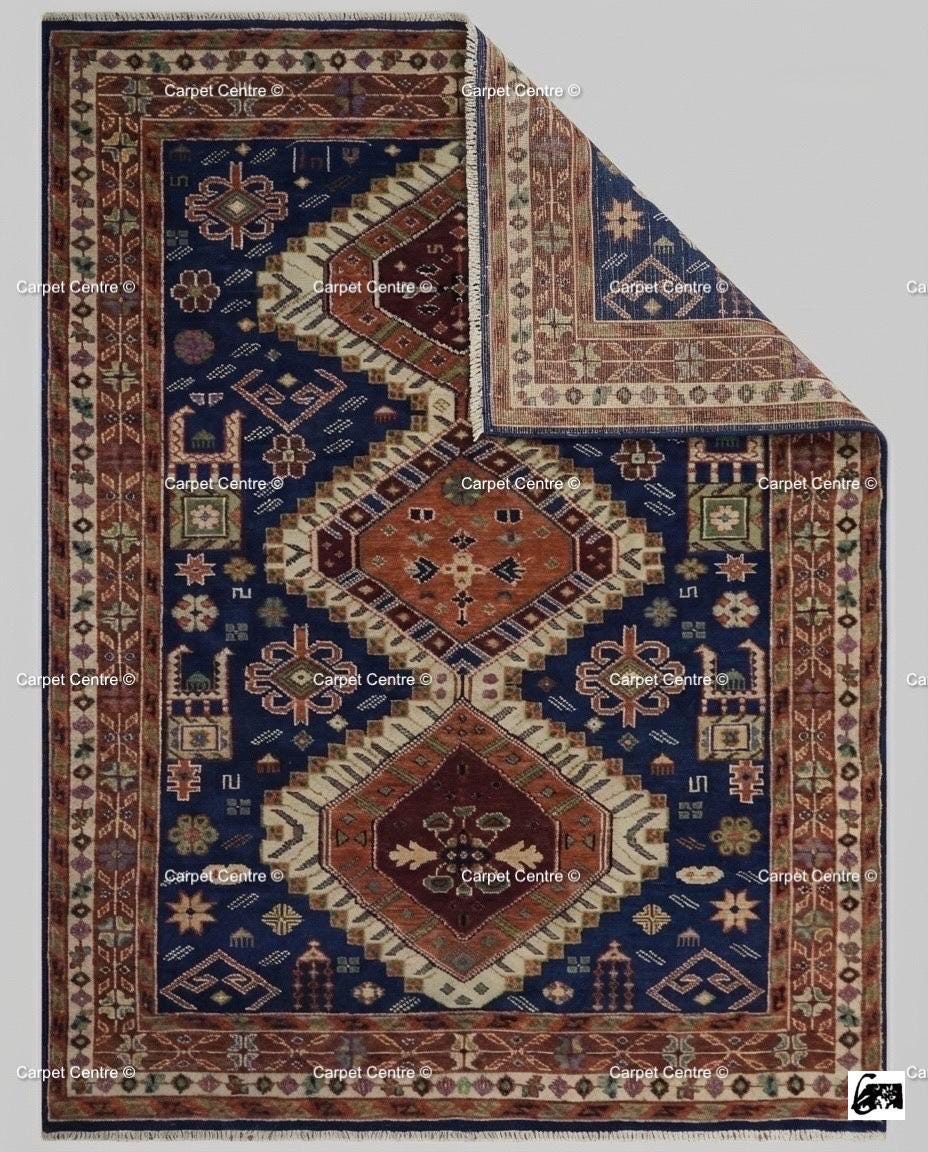 Hand Knotted Wool Oushak Rug – 9x12 Navy Blue & Rust Tribal Medallion