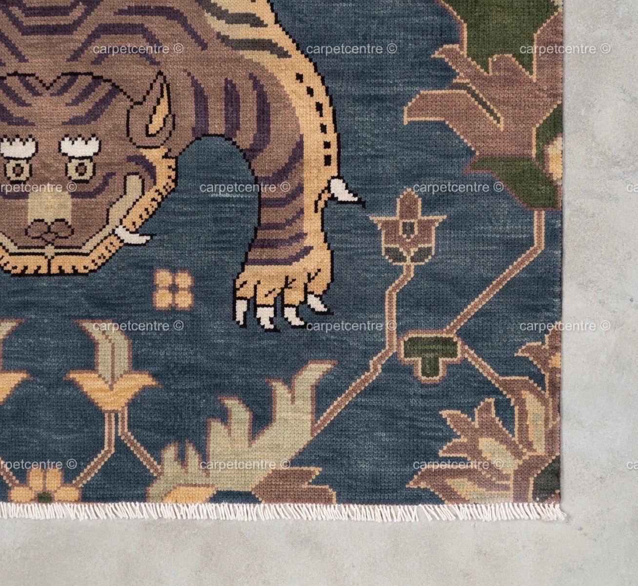 Tibetan Tiger Oushak Rug | Blue Hand-Knotted Wool Area Rug | Maximalist Boho Carpet