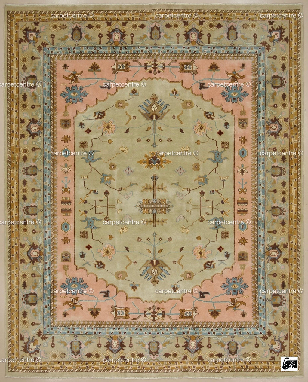 Sage Green Oushak Rug, Muted Peach Floral Geometric Carpet, Boho Nursery Bedroom Decor