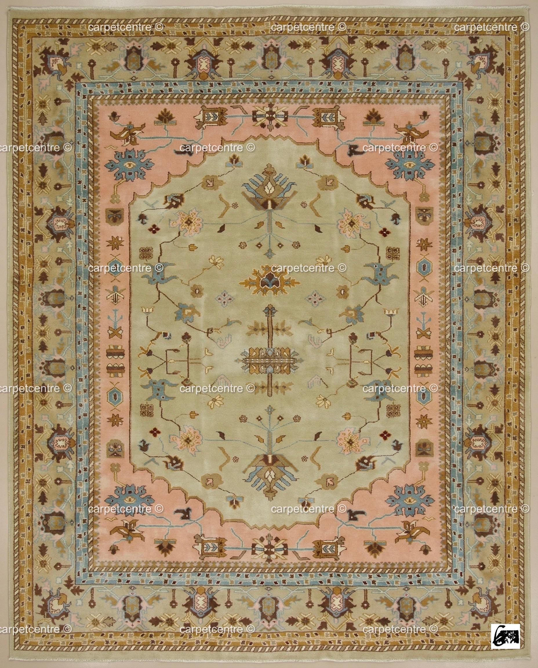 Sage Green Oushak Rug, Muted Peach Floral Geometric Carpet, Boho Nursery Bedroom Decor