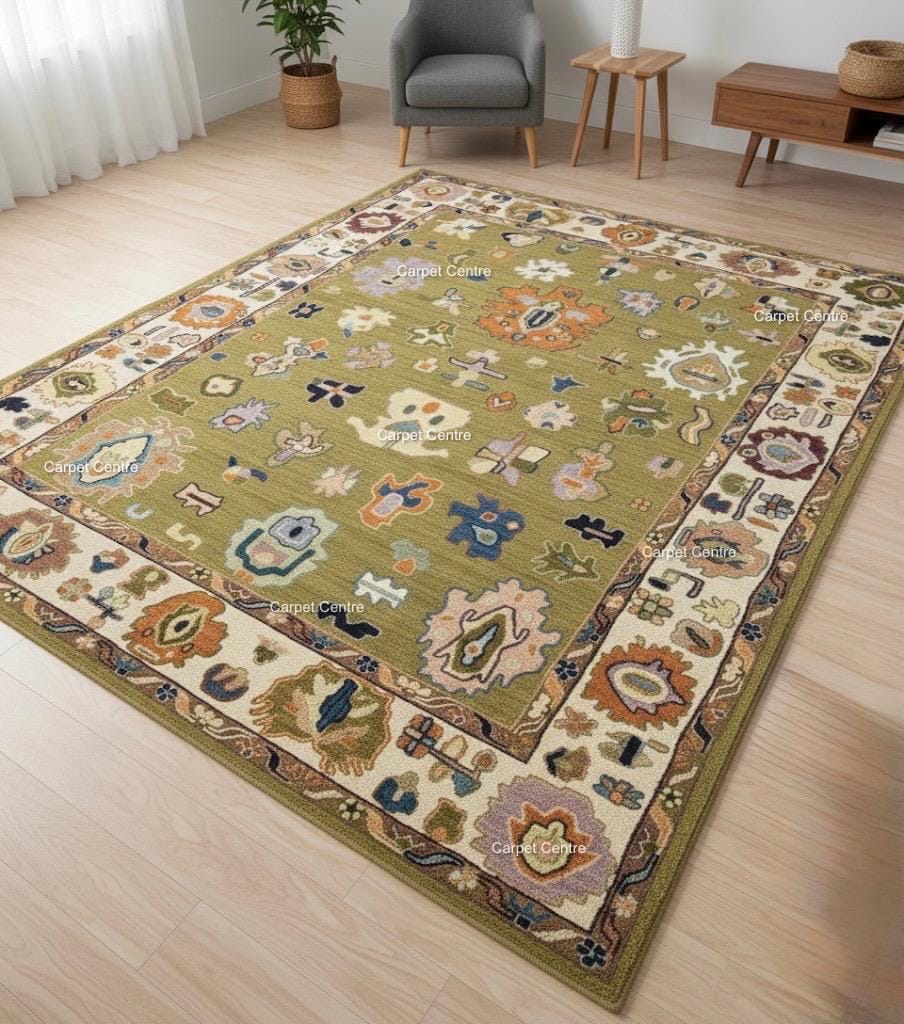 Olive Green Oushak Rug, Hand-Knotted Wool, Eclectic Boho Style