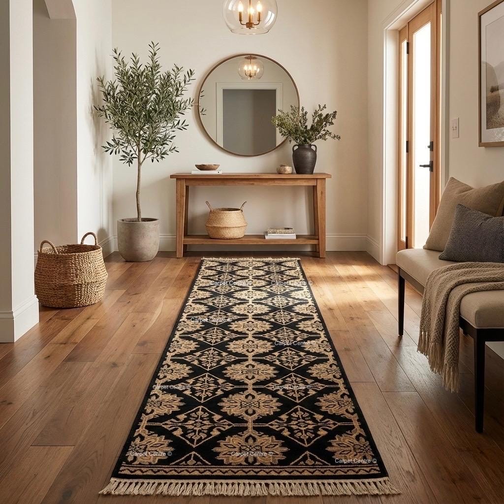 Hand-Knotted Oushak Wool Runner Rug, Black Geometric Design Hallway Entryway Carpet