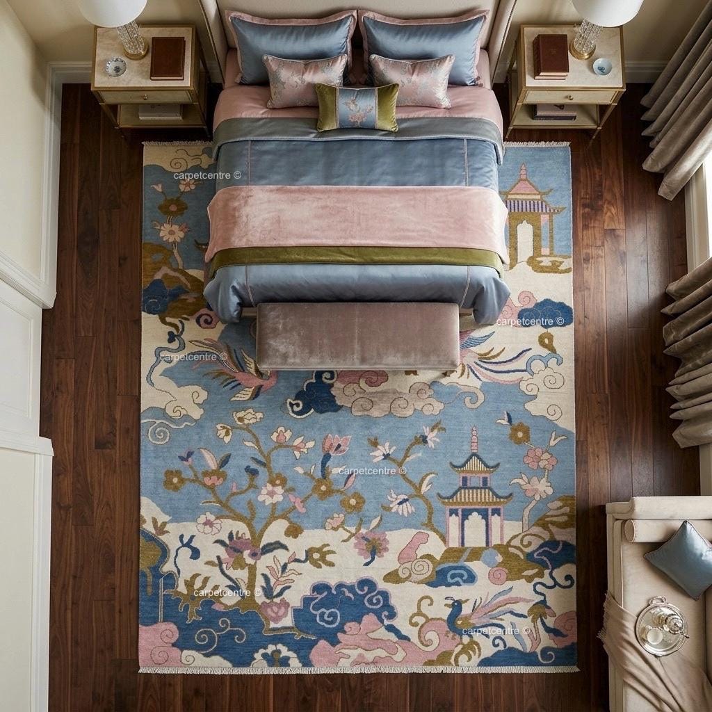 Sky Blue Chinoiserie Wool Rug,8x10 9x12 Hand-Knotted Turkish Living Room Bedroom Decor