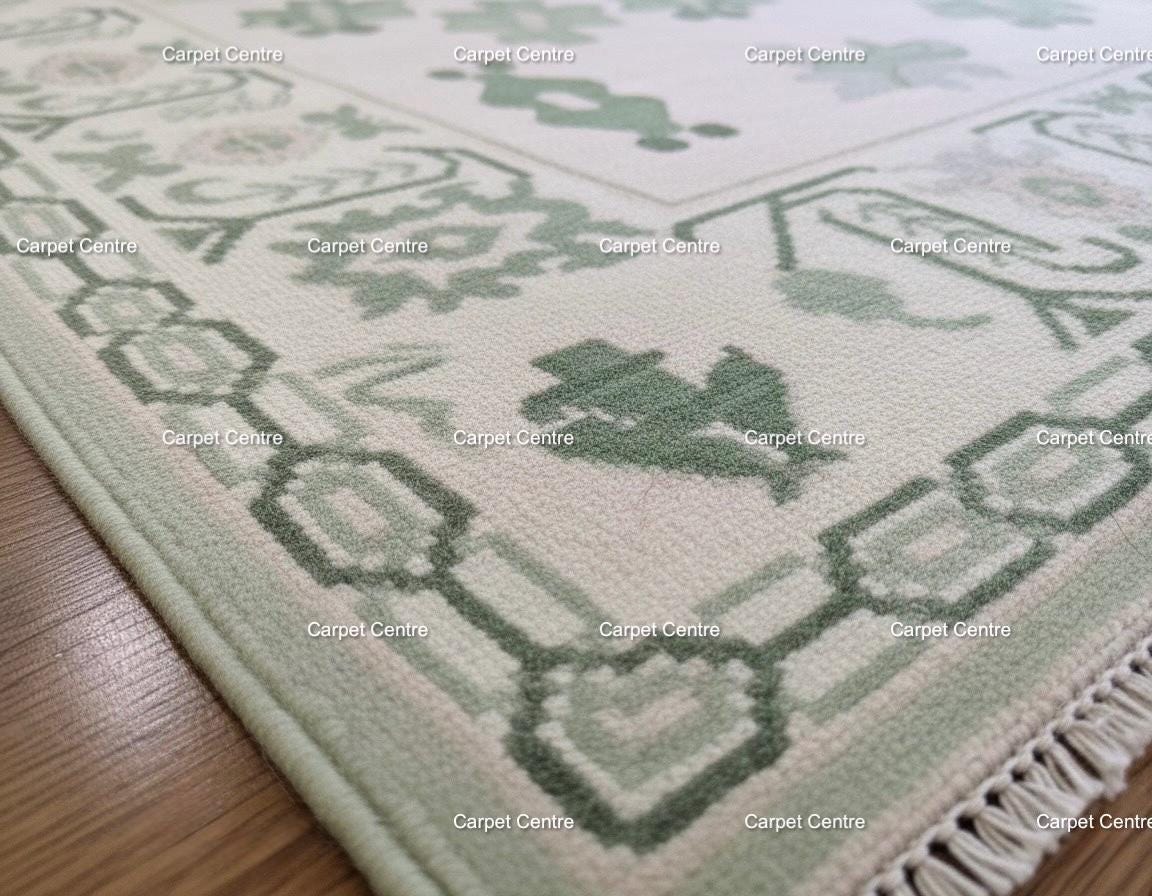 Hand-Knotted Oushak Wool Rug: Sage Green Medallion, Transitional Design