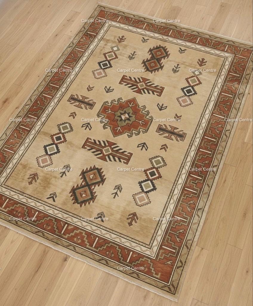 Hand-Knotted Wool Oushak Rug, Beige Geometric Tribal Design