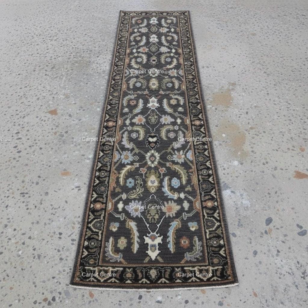 Hand-Knotted Wool Runner Rug, Charcoal Gray Traditional Floral Hallway Rug, 2x8