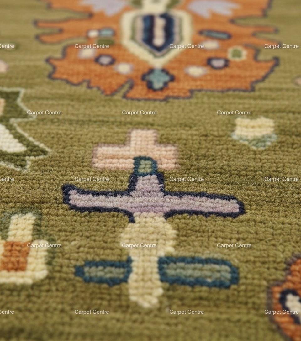 Olive Green Oushak Rug, Hand-Knotted Wool, Eclectic Boho Style