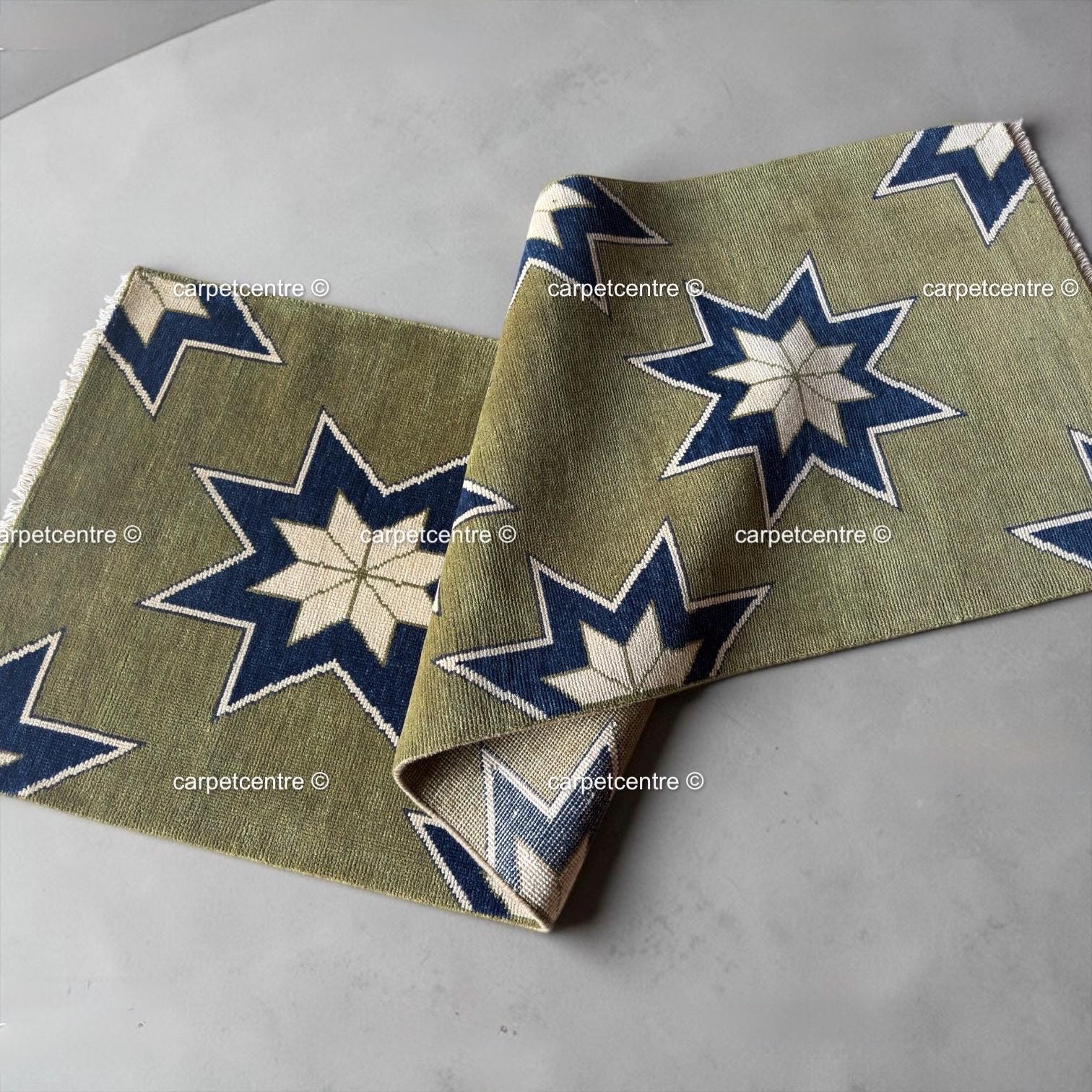 Moss Green Wool Runner Rug, Turkish Knot Star Design, Geometric Hallway Entryway Carpet