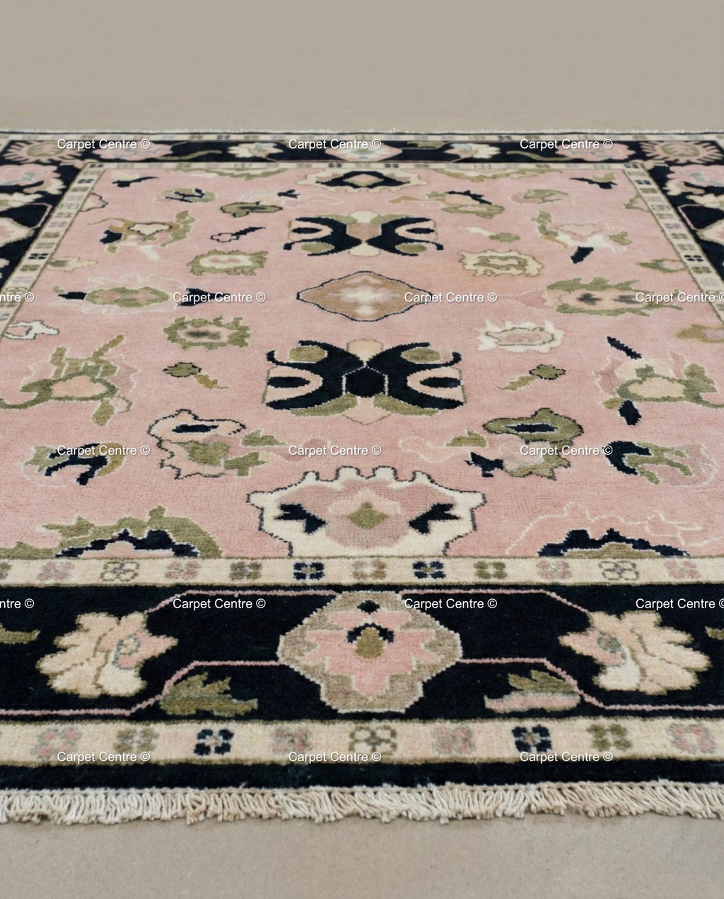 Hand Knotted Wool Oushak Rug, Blush Pink Geometric Floral, Black Border