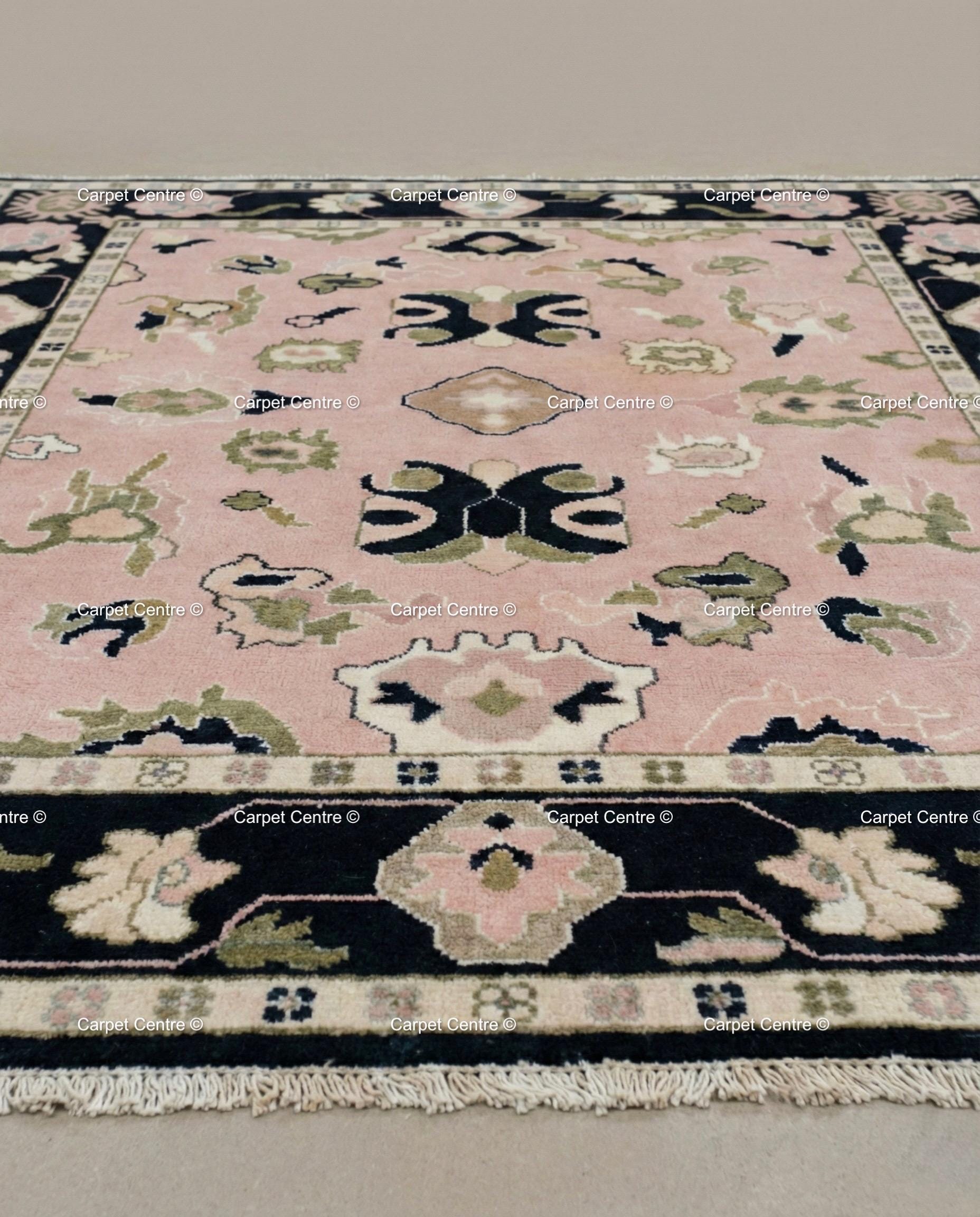 Hand Knotted Wool Oushak Rug, Blush Pink Geometric Floral, Black Border