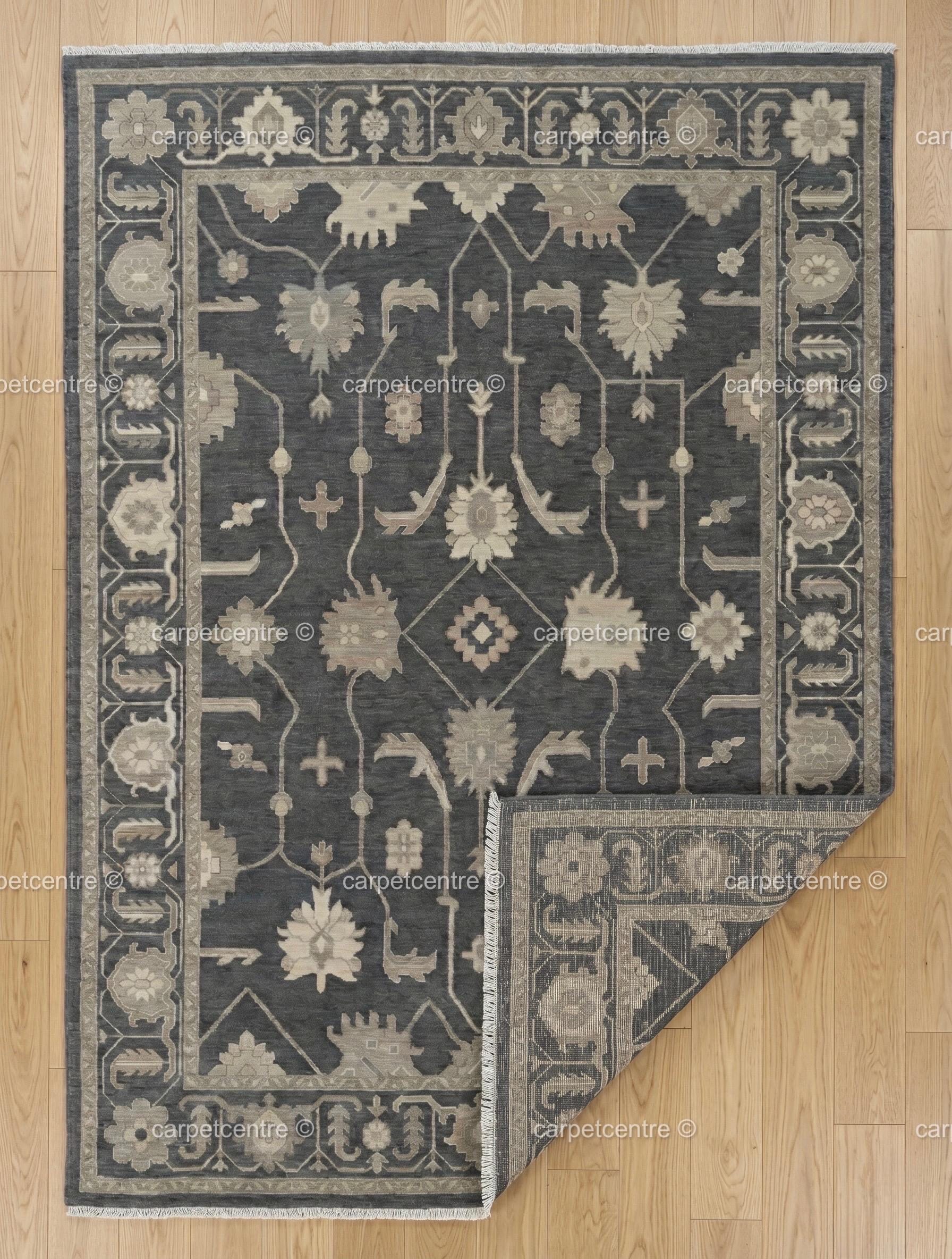 Hand Knotted Oushak Rug | Dark Grey Beige Floral Wool Turkish Area Rug