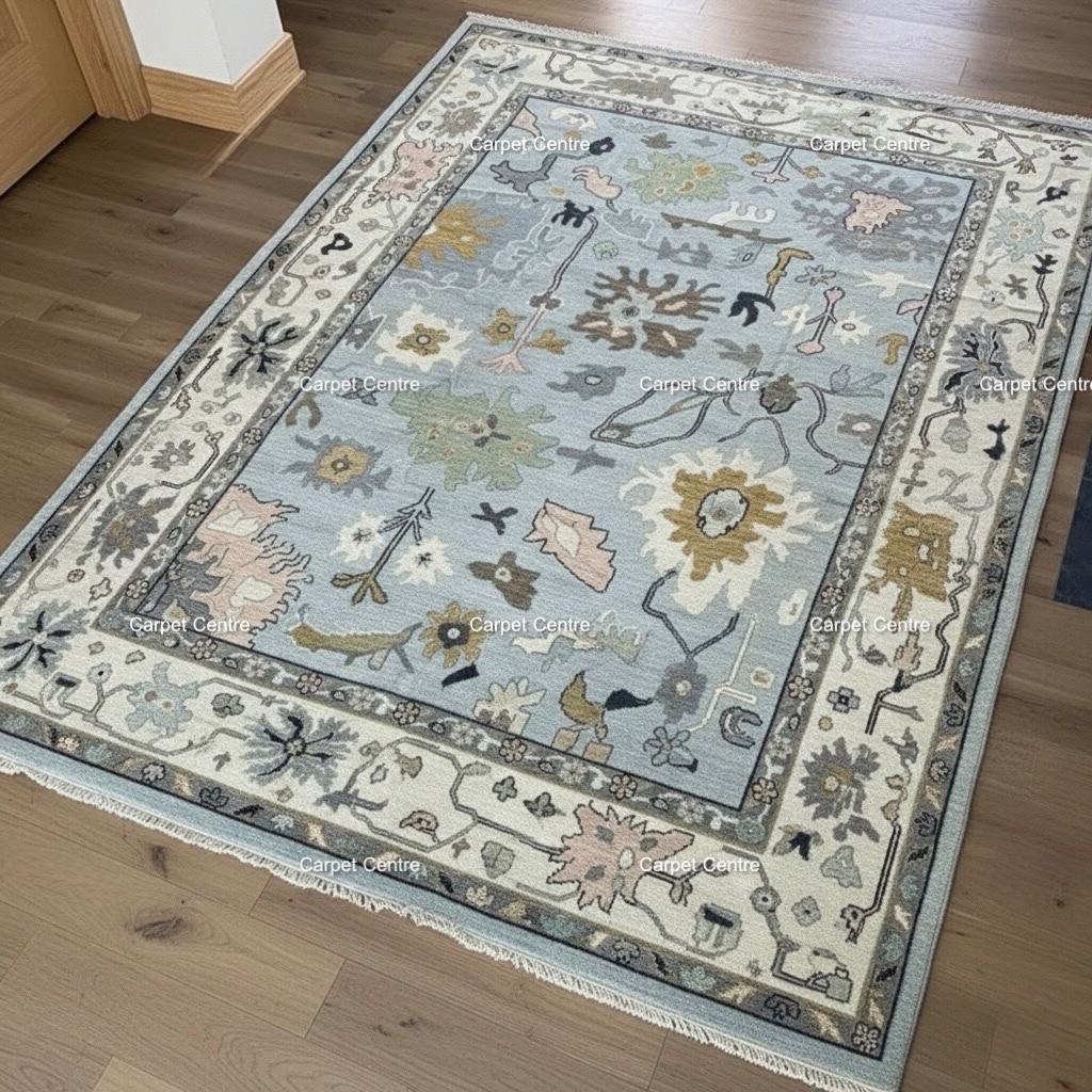 Light Blue Oushak Rug, Hand-Knotted Wool 8x10, Farmhouse Floral
