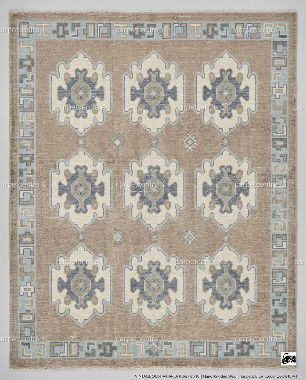 Hand Knotted Wool Oushak Rug | Taupe Blue Tribal Vintage Style Carpet