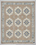 Hand Knotted Wool Oushak Rug | Taupe Blue Tribal Vintage Style Carpet