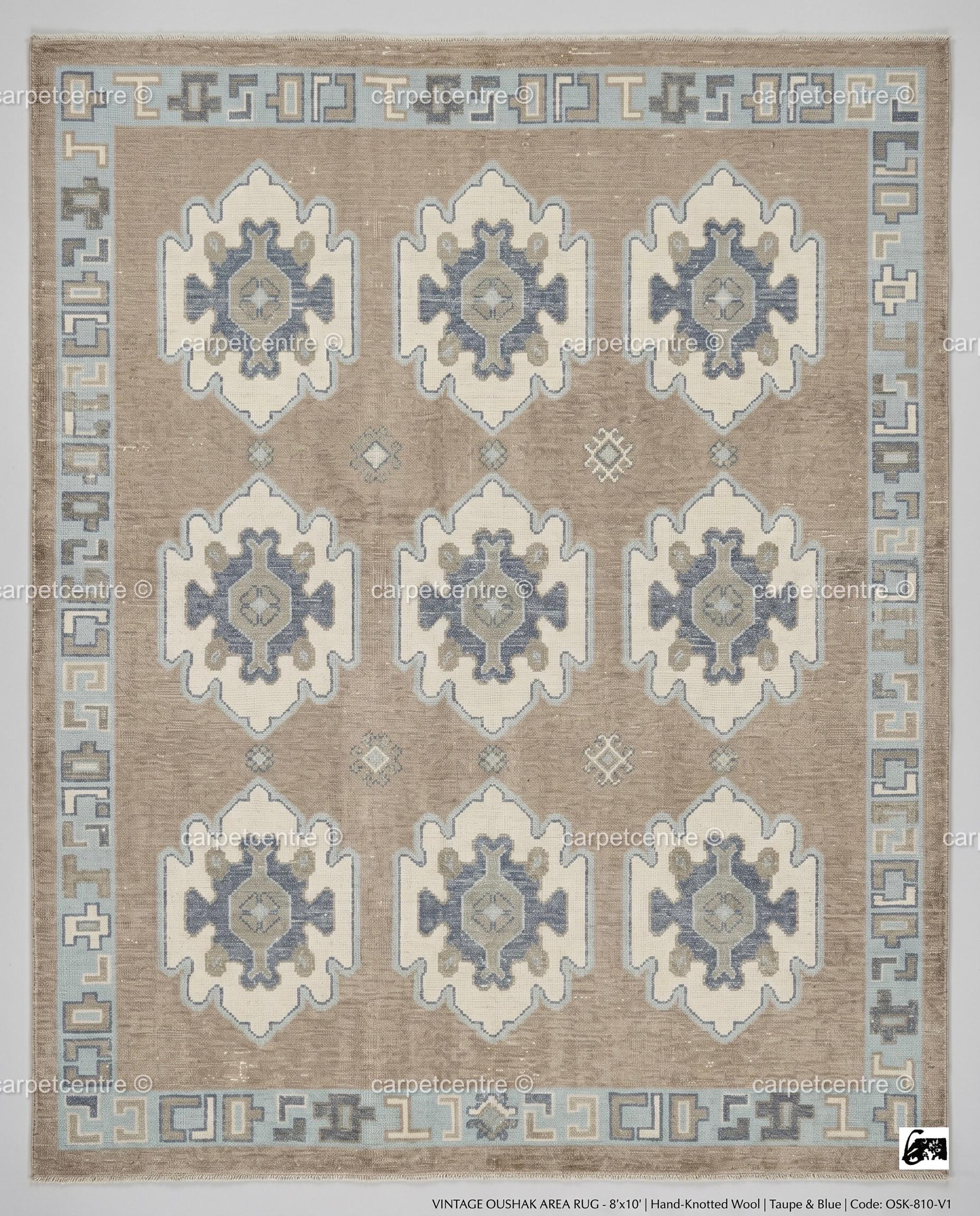 Hand Knotted Wool Oushak Rug | Taupe Blue Tribal Vintage Style Carpet