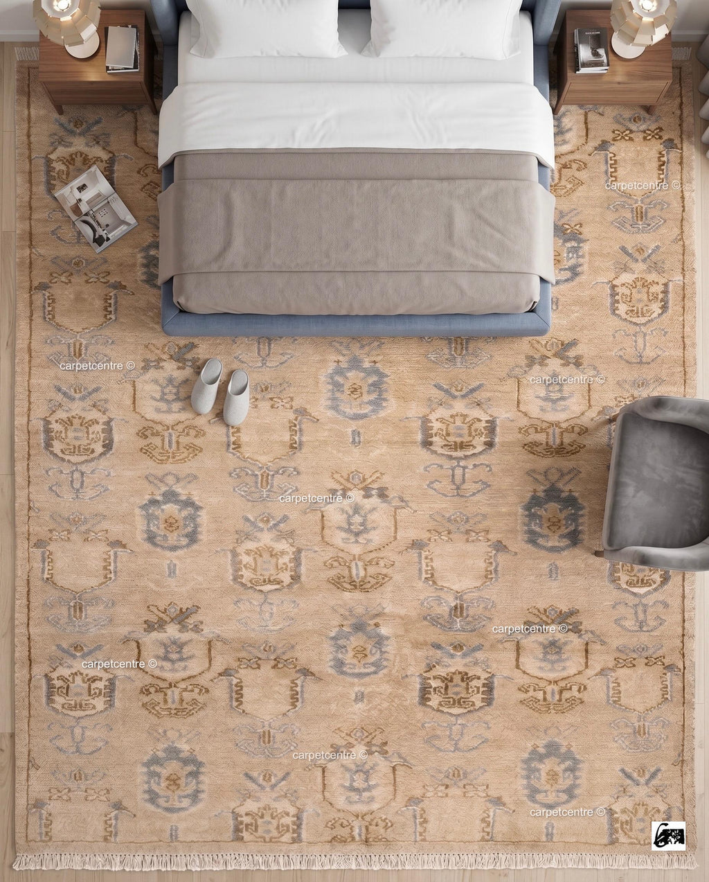Hand Knotted Oushak Rug, Beige Blue Wool Carpet, Vintage Boho Farmhouse Bedroom Rug