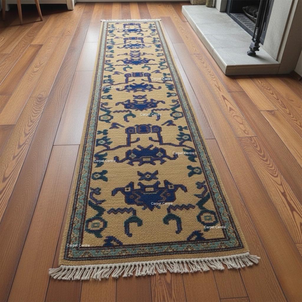 Hand-Knotted Wool Runner Rug, Golden Yellow Oushak, Navy Tribal Design