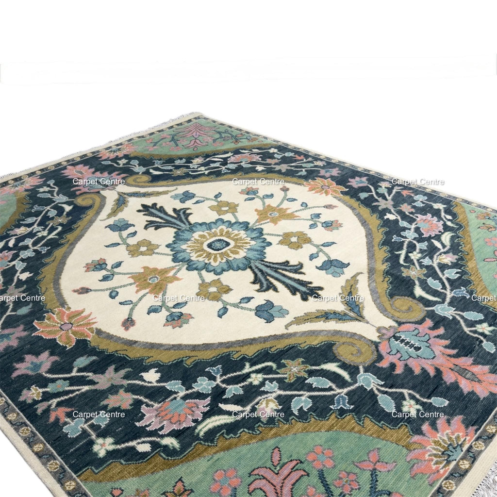 Handwoven Oushak Wool Rug, Ivory, Navy, Sage Green, (8x10)
