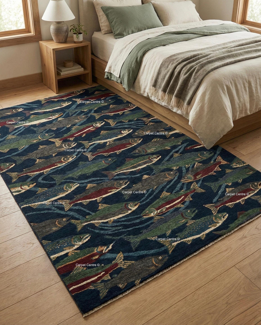 Hand Knotted Oushak Wool Rug, Navy Blue Fish, Cabin Lodge Decor