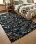 Hand Knotted Oushak Wool Rug, Navy Blue Fish, Cabin Lodge Decor