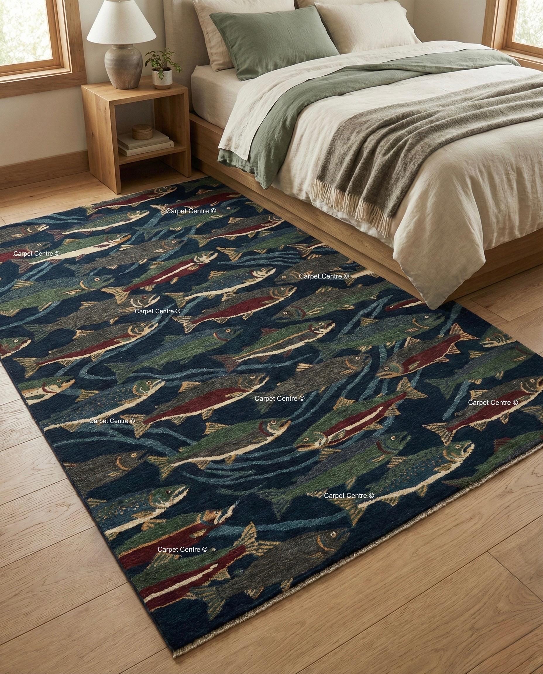 Hand Knotted Oushak Wool Rug, Navy Blue Fish, Cabin Lodge Decor