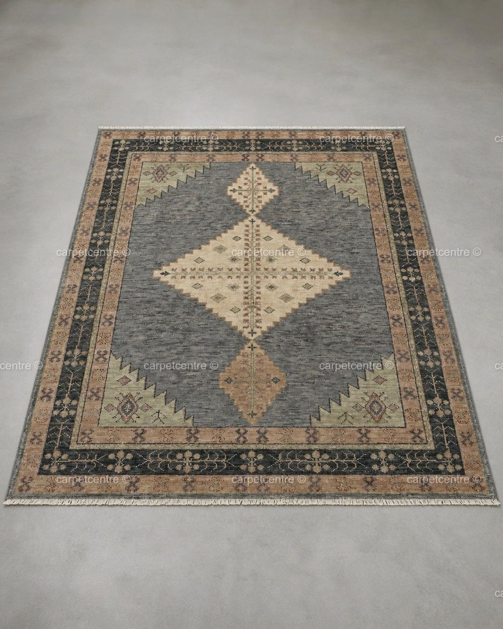Hand Knotted Oushak Rug: Slate Blue Geometric Wool Area Rug (8x10, 9x12)