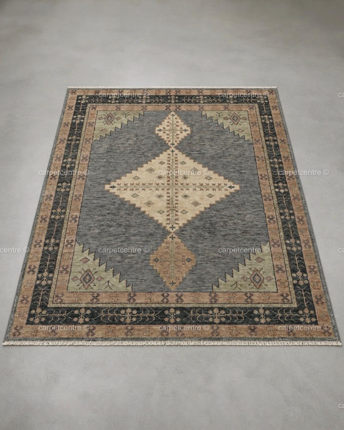 Hand Knotted Oushak Rug: Slate Blue Geometric Wool Area Rug (8x10, 9x12)