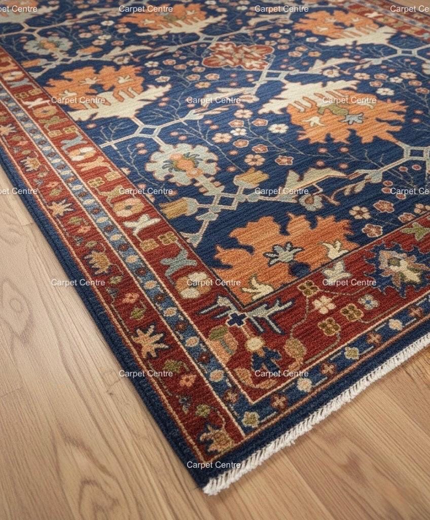 Navy Blue Hand-Knotted Wool Rug, Heriz Oushak Style