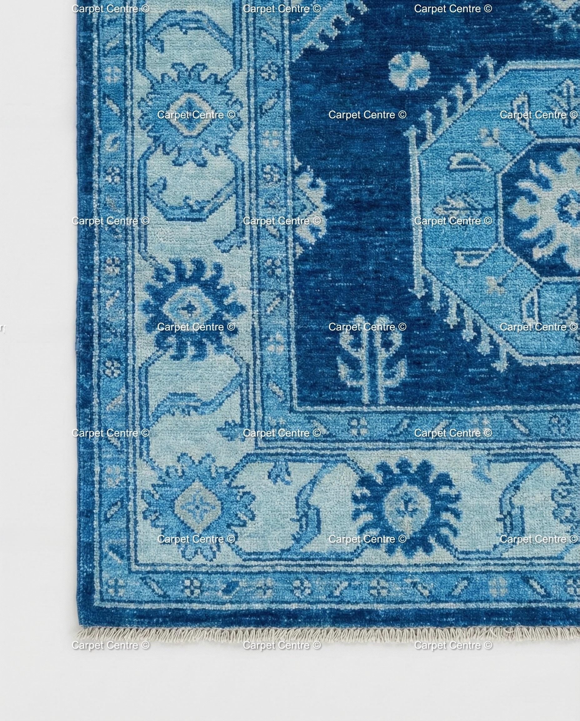 Hand-Knotted Oushak Rug, Indigo Geometric Tribal Wool Carpet, Boys Bedroom Decor