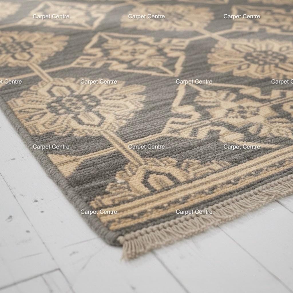 Hand-Knotted Wool Runner Rug, Charcoal Gray Oushak Style, Geometric Medallion