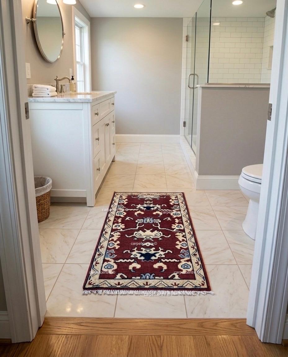 Hand-Knotted Rust Red Wool Runner Rug, Navy Blue Tribal Oushak Design