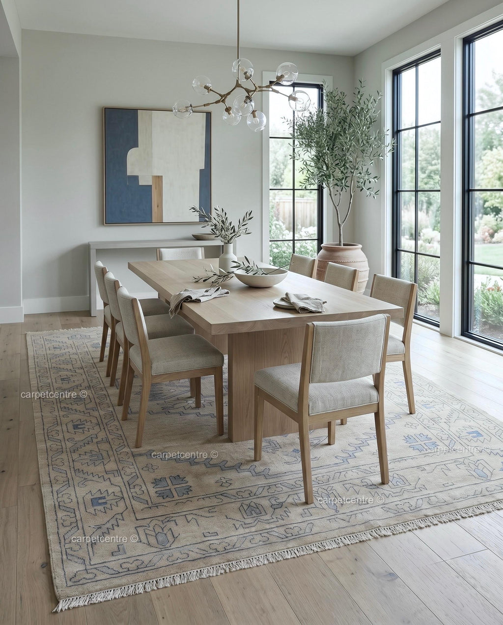 Hand Knotted Neutral Oushak Rug, Beige Blue Wool, Turkish Area Rug