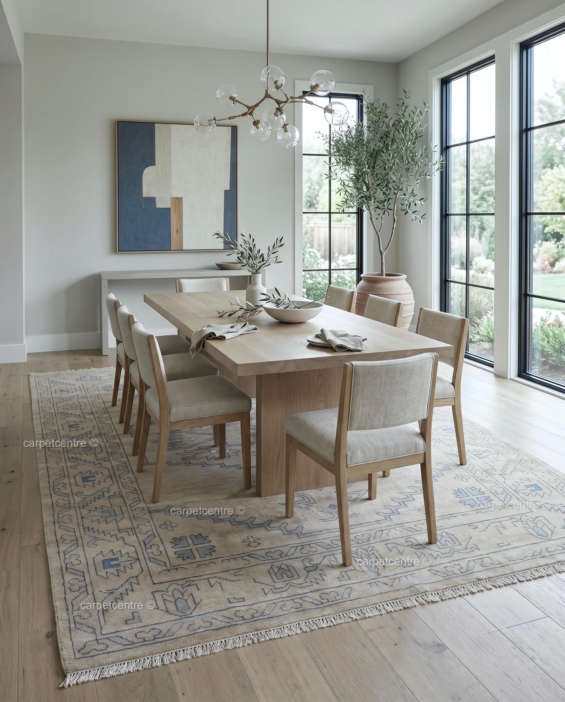 Hand Knotted Neutral Oushak Rug, Beige Blue Wool, Turkish Area Rug