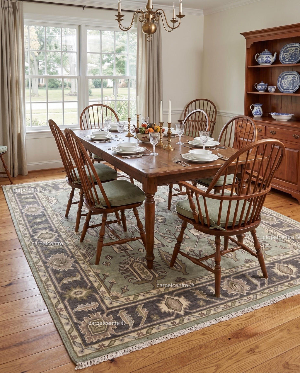 Hand Knotted Oushak Rug, Sage Green Wool Botanical Tribal Carpet
