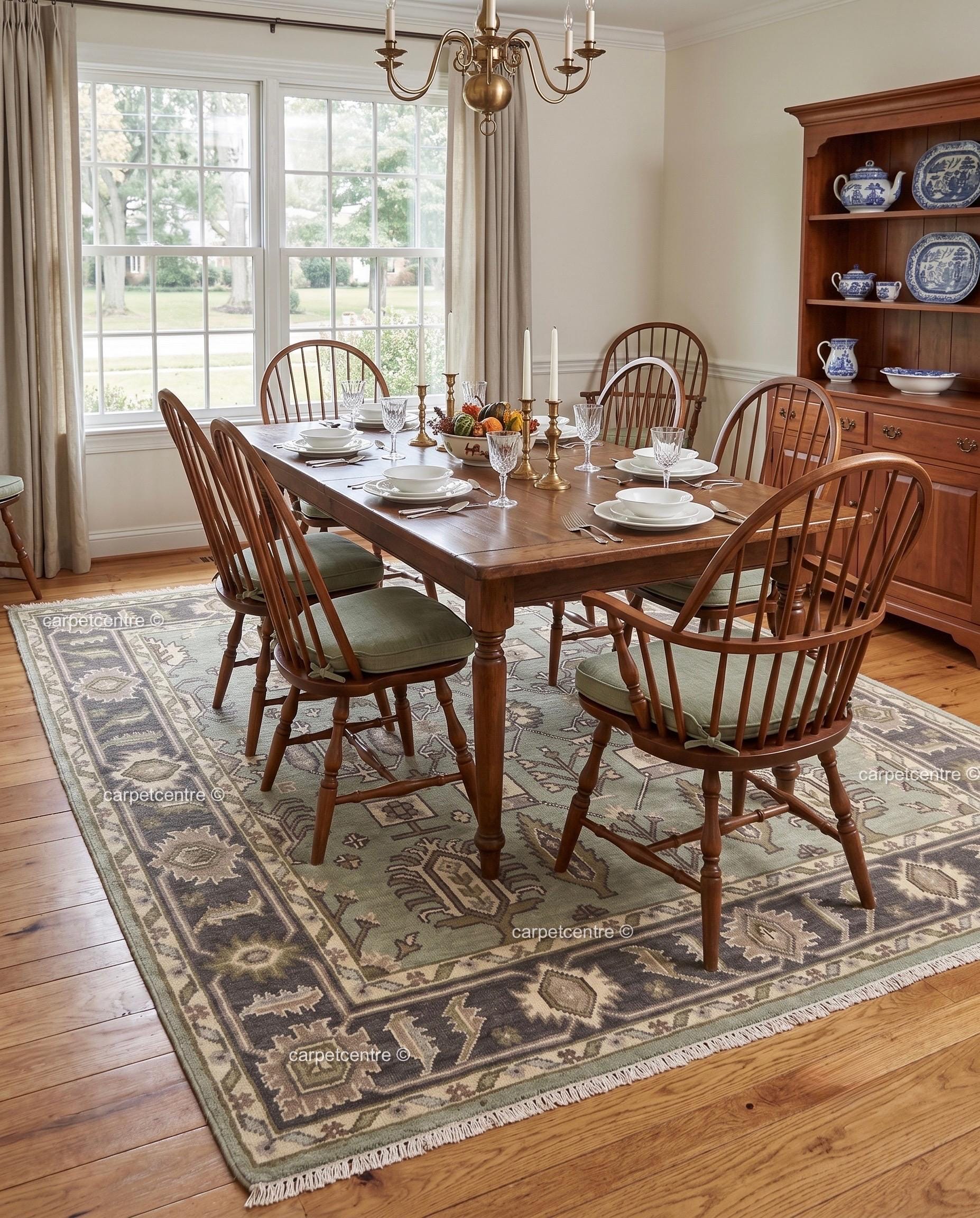 Hand Knotted Oushak Rug, Sage Green Wool Botanical Tribal Carpet