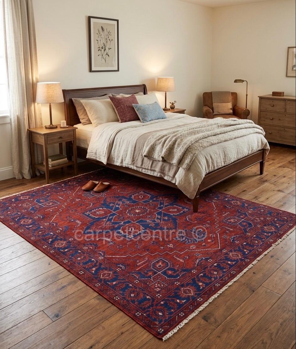 Dark Red Oushak Rug, Navy Blue Heriz Medallion, Hand Knotted 8x10 9x12 Wool Area Rug, Vintage Persian Style, Burgundy Living Room Carpet