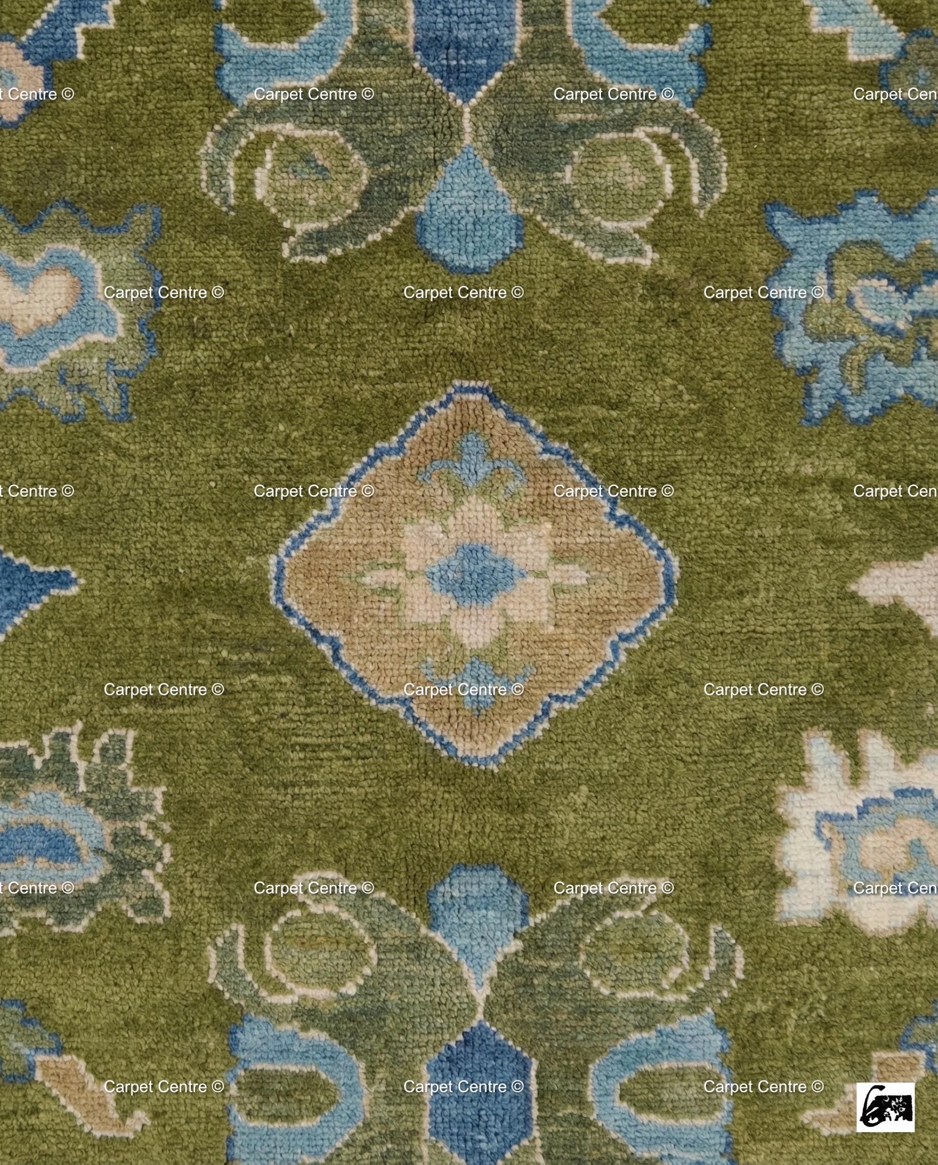 Hand Knotted Wool Oushak Rug, Olive Green, Navy Border