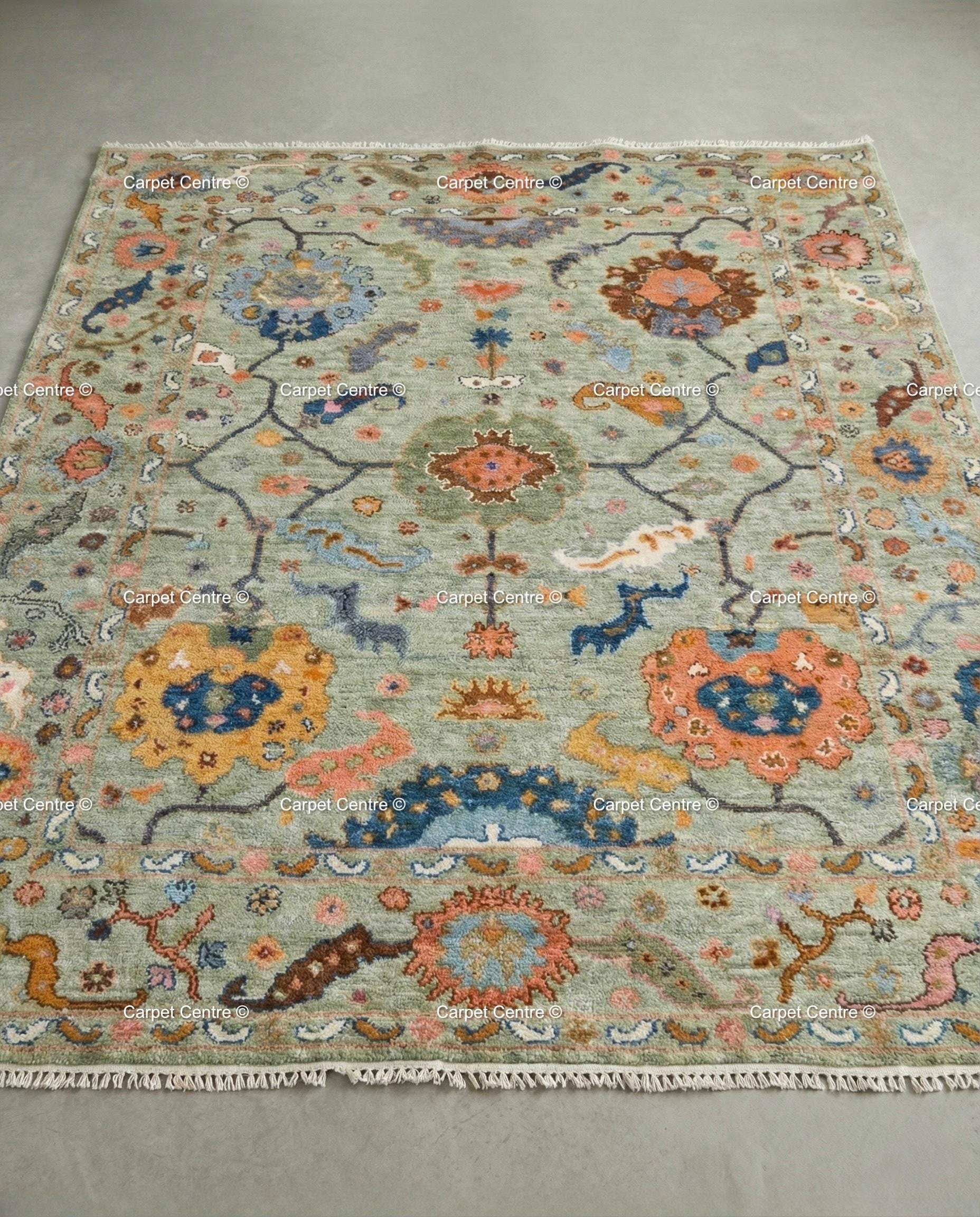 Sage Green Oushak Rug, Hand Knotted Wool, Arts & Crafts Floral
