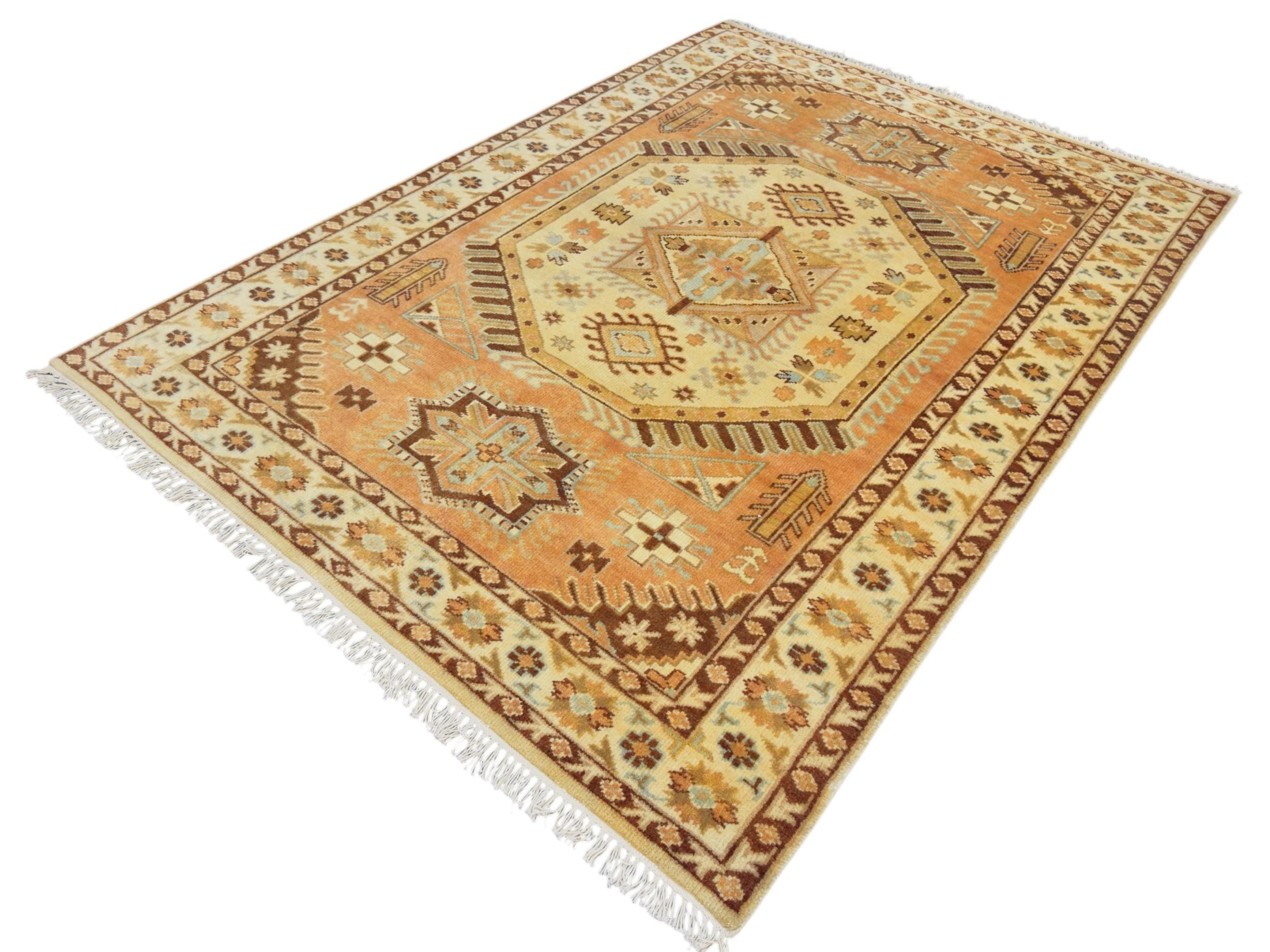Hand-Knotted Wool Kazak Rug | Tribal Geometric Boho Carpet (7'x5')