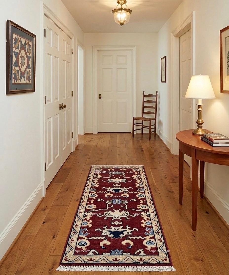 Hand-Knotted Rust Red Wool Runner Rug, Navy Blue Tribal Oushak Design