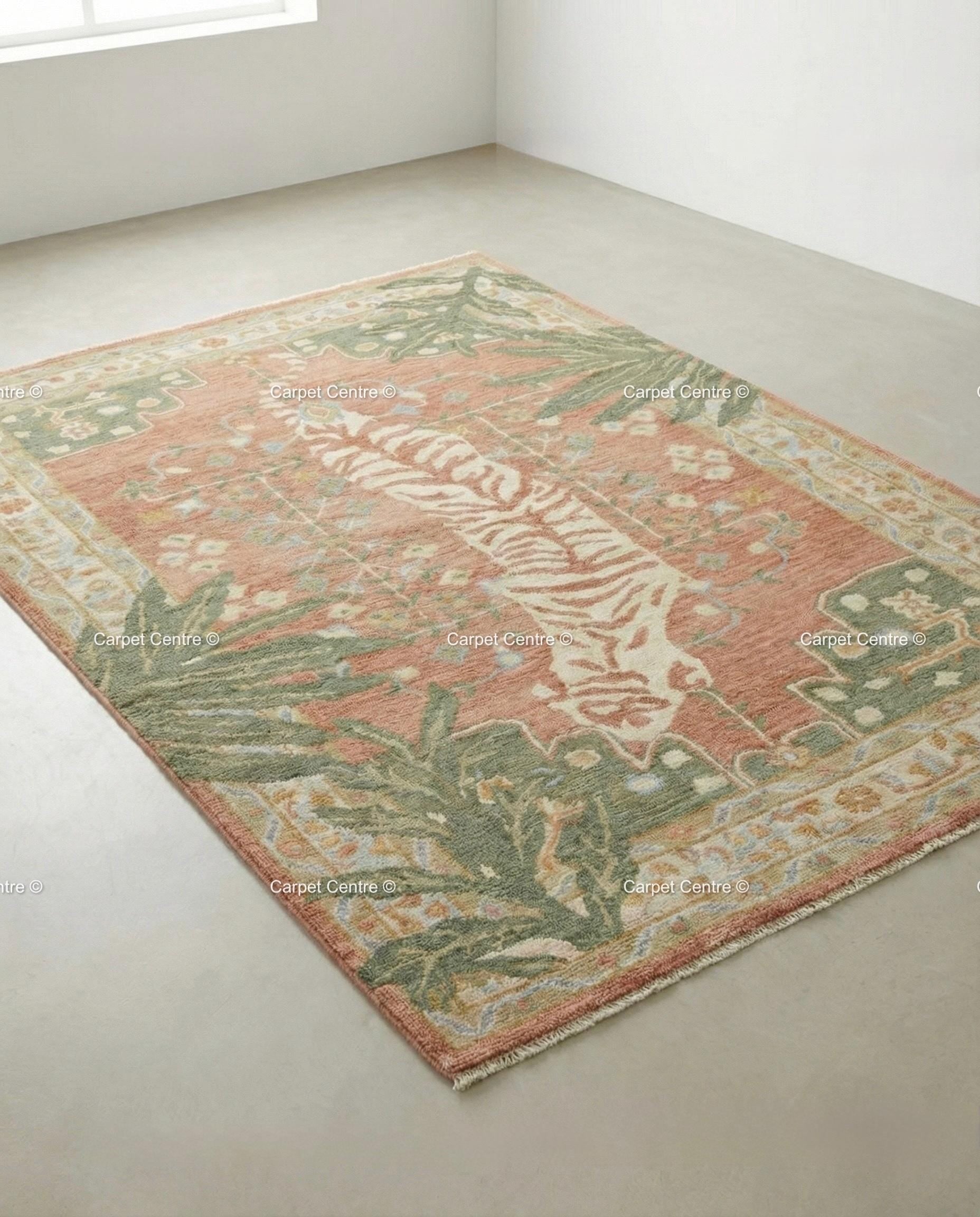 Hand-Knotted Wool Tiger Rug, Terracotta Peach, Tropical Nursery Decor